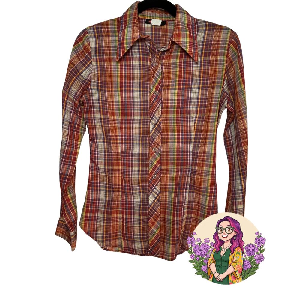 VTG DSB Brand Rainbow Plaid Dagger Collar Shirt Size 8 70s Whimsygoth Retro Top